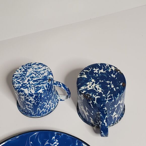 Vintage Blue White Speckled Enamel 3 pcs Enamelware Camping RV 1 Plate, 2 Mugs - Picture 6 of 7